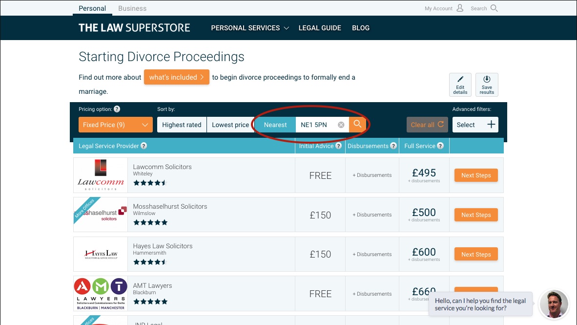 Location and home visit search filters on The Law Superstore